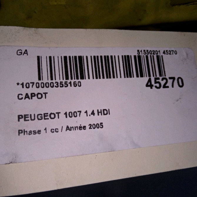 Capot occasion PEUGEOT 1007 Phase 1 04-2005->12-2010 1.4 HDI 7901Q5 3
