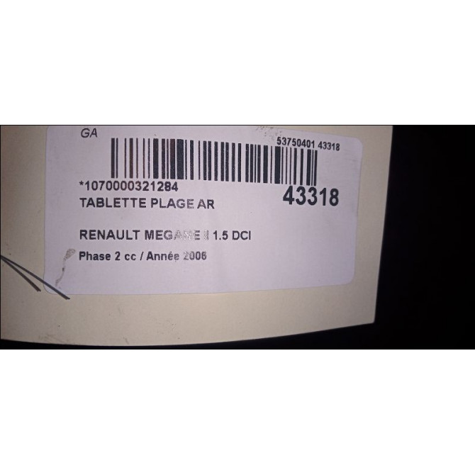 Tablette plage arrière occasion RENAULT MEGANE II Phase 2 01-2006->06-2009 1.5 DCI 85ch 8200034999 3