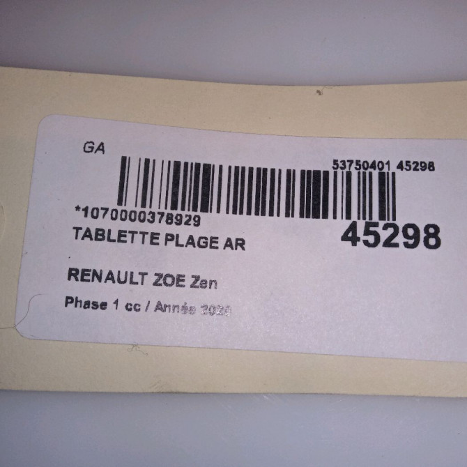 Tablette plage arrière occasion RENAULT ZOE Phase 1 10-2012->... Zen 3