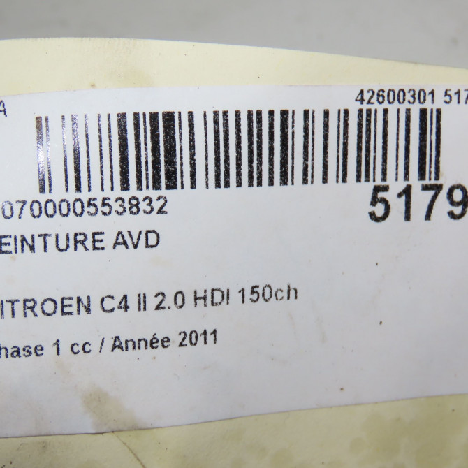 Ceinture avant droite occasion CITROEN C4 II Phase 1 10-2010->01-2015 2.0 HDI 150ch 8975ZN 6