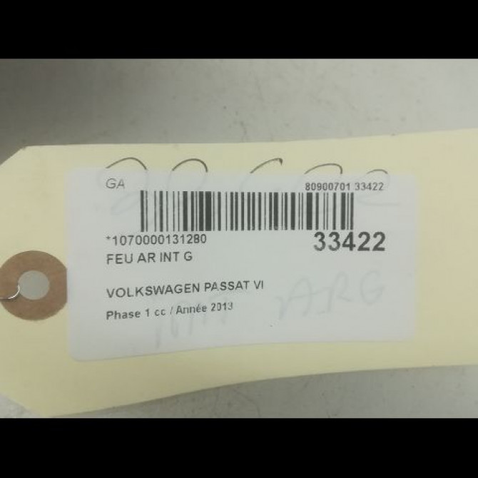Feu arrière interieur gauche occasion VOLKSWAGEN PASSAT VI Phase 1 10-2010->... 1.6 TDI 105ch 3AE945307C 3