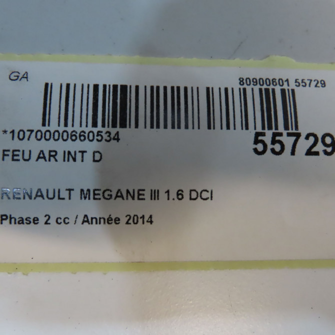 Feu arrière intérieur droit occasion RENAULT MEGANE III Phase 2 01-2012->06-2014 1.6 DCI 130ch 265500009R 5
