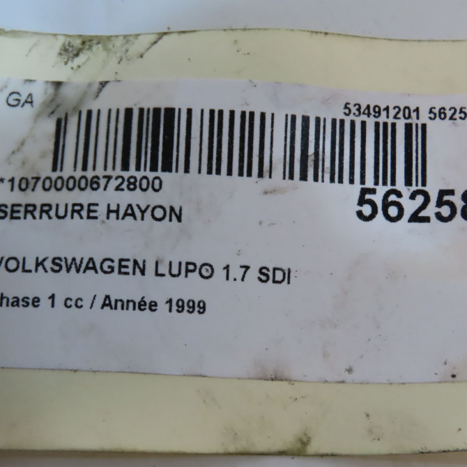 Serrure hayon occasion VOLKSWAGEN LUPO Phase 1 10-1998->06-2005 1.7 SDI 6X0827505A 5