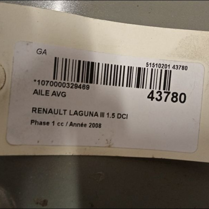 Aile avant gauche occasion RENAULT LAGUNA III Phase 1 10-2007->10-2010 1.5 DCI 631010032R 3