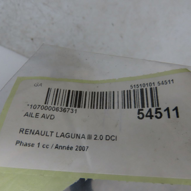 Aile avant droite occasion RENAULT LAGUNA III Phase 1 10-2007->10-2010 2.0 DCI 150ch 631000032R 6