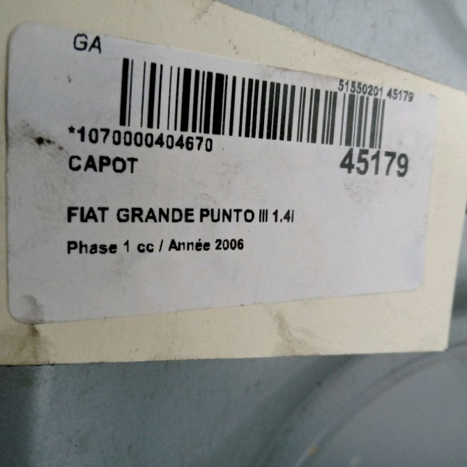 Capot occasion FIAT GRANDE PUNTO III Phase 1 09-2005->12-2013 1.4i 77ch 51701140 3