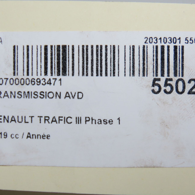 Transmission avant droite occasion RENAULT TRAFIC III Phase 1 06-2014->... 391005751R 6