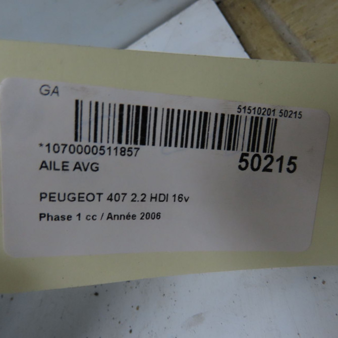 Aile avant gauche occasion PEUGEOT 407 Phase 1 04-2004->07-2008 2.2 HDI 16v 7840P0 4