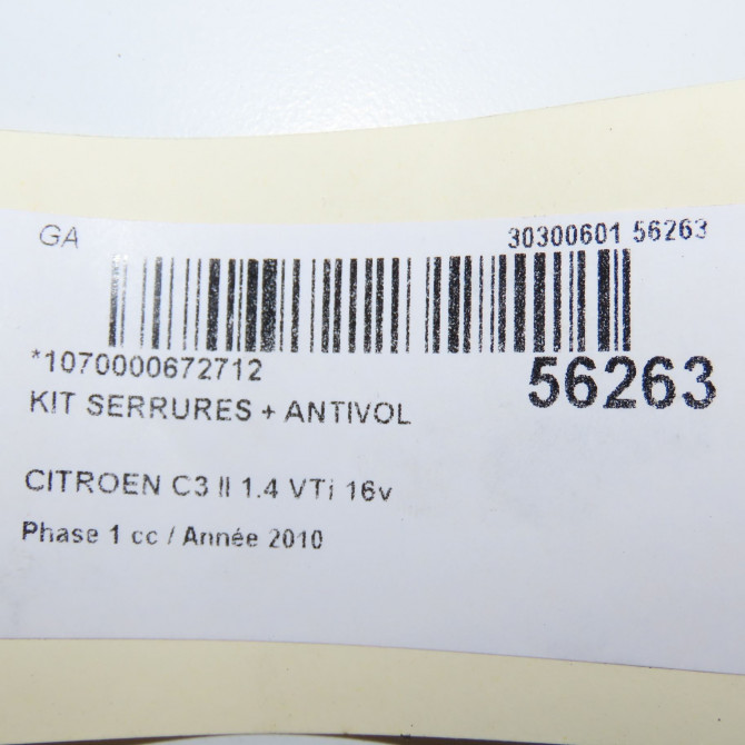 Kit serrures + antivol occasion CITROEN C3 II Phase 1 11-2009->02-2013 1.4 VTi 16v 95ch 4162VH 6