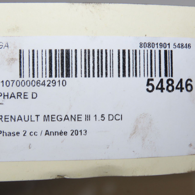 Phare droit occasion RENAULT MEGANE III Phase 2 01-2012->06-2014 1.5 DCI 110ch 260106128R 6