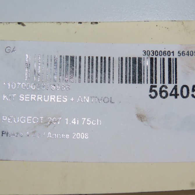 Kit serrures + antivol occasion PEUGEOT 207 Phase 1 04-2006->06-2013 1.4i 75ch 4162NV 6