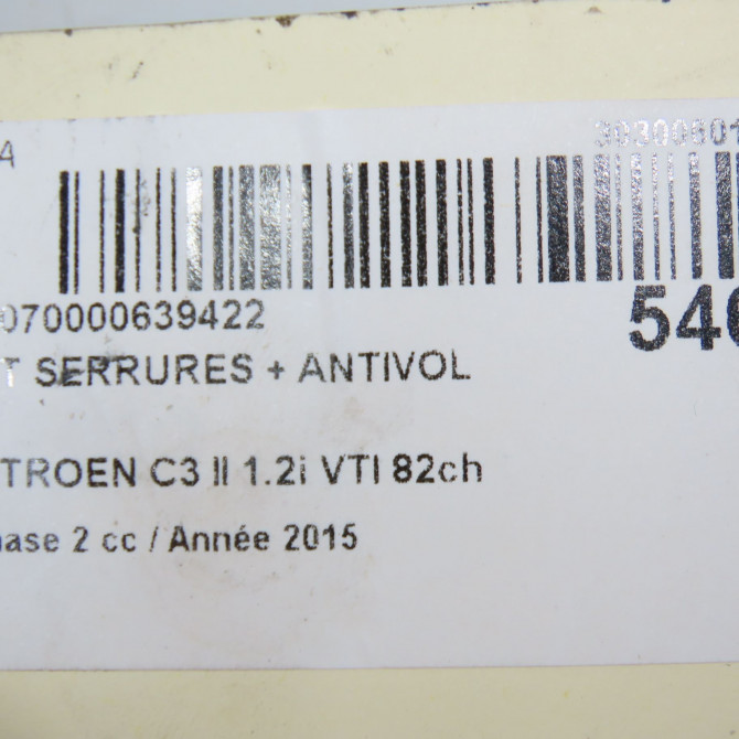 Kit serrures + antivol occasion CITROEN C3 II Phase 2 03-2013->12-2016 1.2i VTI 82ch 4162VH 6