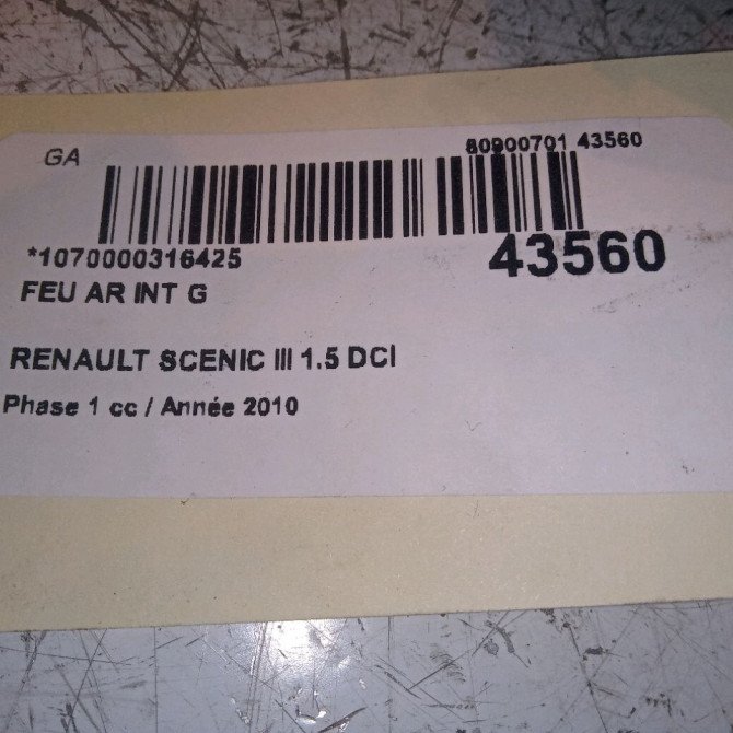 Feu arrière interieur gauche occasion RENAULT SCENIC III Phase 1 04-2009->11-2011 1.5 DCI 110ch 265550018R 4