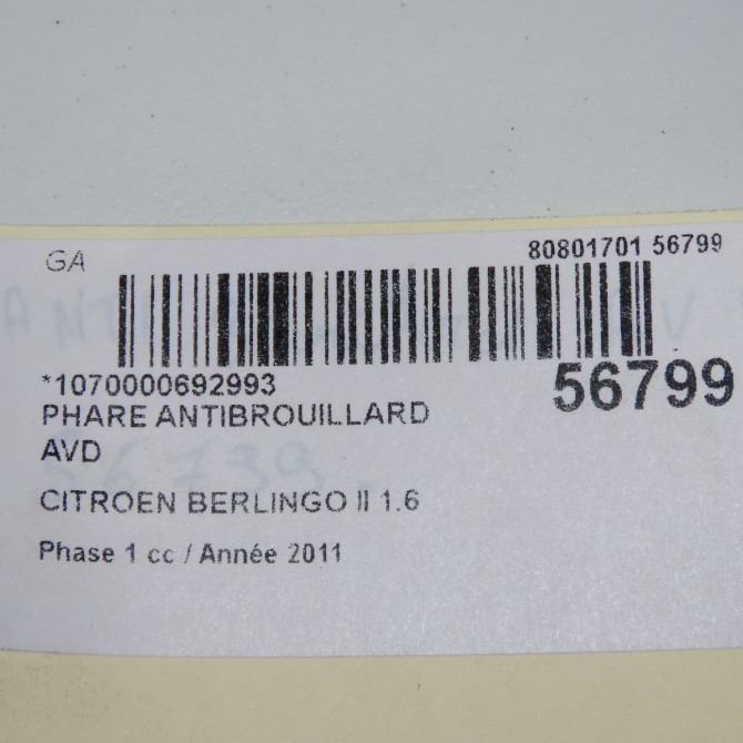 Phare antibrouillard avant droit occasion CITROEN BERLINGO II Phase 1 05-2008->01-2012 1.6 HDI 92ch 6208E1 6