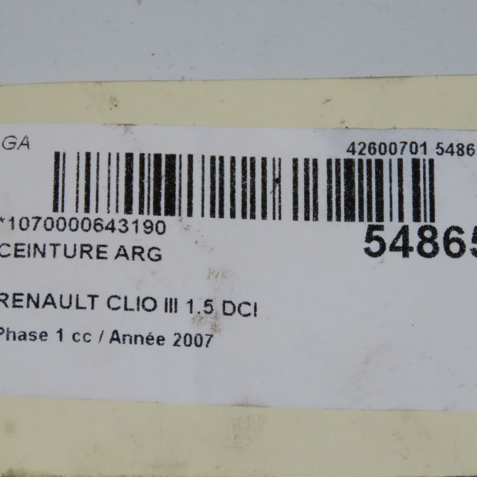 Ceinture arrière gauche occasion RENAULT CLIO III Phase 1 09-2005->03-2009 1.5 DCI 85ch 8200683950 7