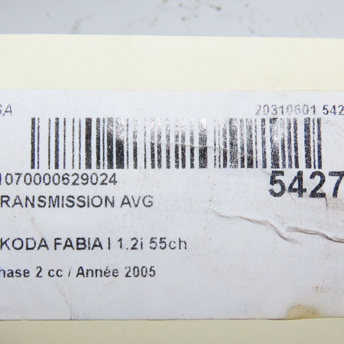 Transmission avant gauche occasion SKODA FABIA I Phase 2 09-2004->05-2007 1.2i 55ch 6Q0407271AT 6