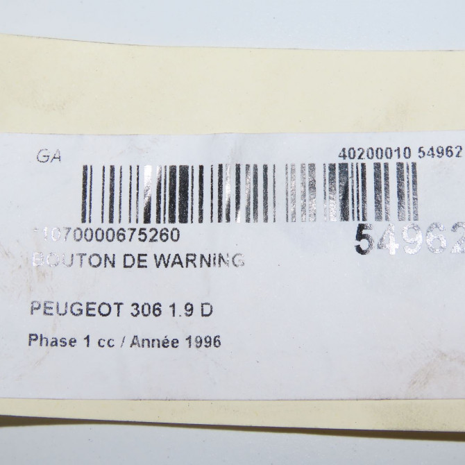 Bouton de warning occasion PEUGEOT 306 Phase 1 09-1994->03-1997 1.9 D 6552PK 6
