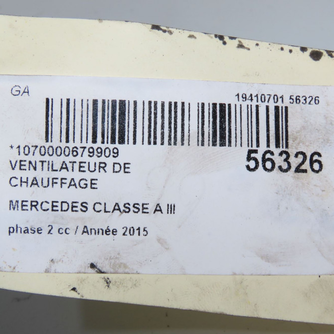 Ventilateur de chauffage occasion MERCEDES CLASSE A III phase 2 06-2015->... A160 1.5 D 90ch 2469061601 6