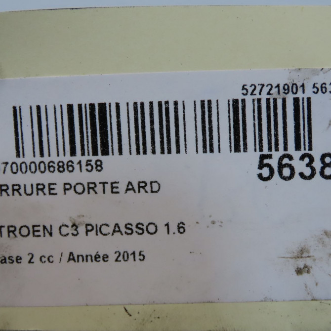 Serrure porte ard occasion CITROEN C3 PICASSO Phase 2 09-2012->... 1.6 HDI 90ch 9138T9 7