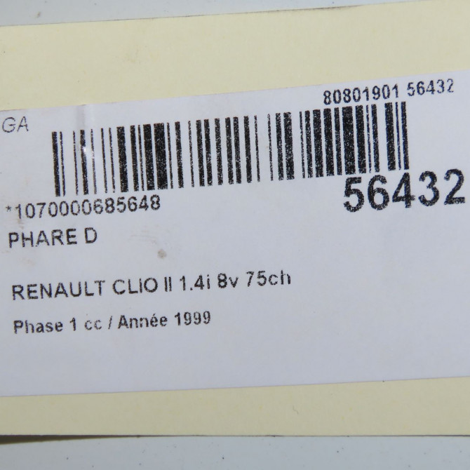 Phare droit occasion RENAULT CLIO II Phase 1 03-1998->06-2001 1.4i 8v 75ch 7701045169 6