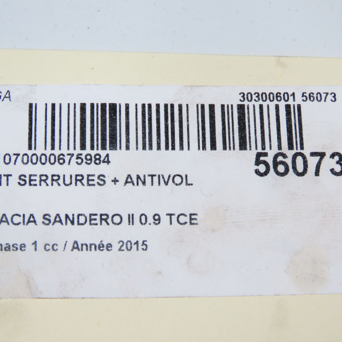 Kit serrures + antivol occasion DACIA SANDERO II Phase 1 10-2012->... 0.9 TCE 90ch 6
