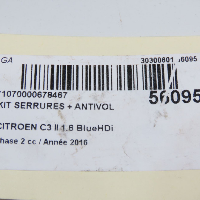 Kit serrures + antivol occasion CITROEN C3 II Phase 2 03-2013->12-2016 1.6 BlueHDi 75ch 4162VH 7