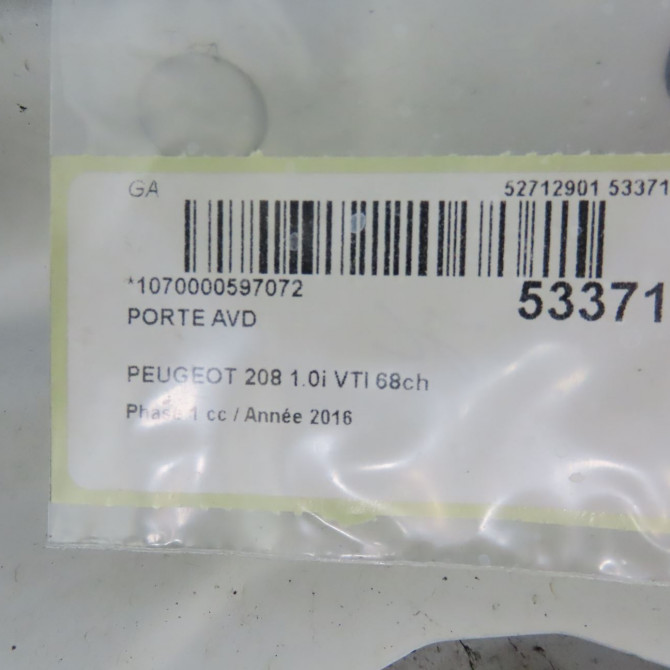 Porte avant droite occasion PEUGEOT 208 208 Phase 1 2012-03-01->2015-09-30 1.0i VTI 68ch 9805822480 4