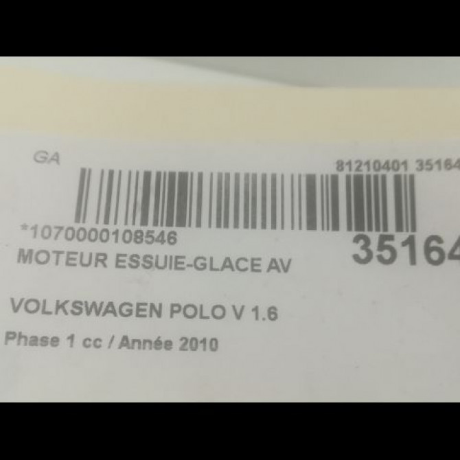 Moteur essuie-glace avant occasion VOLKSWAGEN POLO V POLO V Phase 1 2009-09-01->2014-05-31 1.6 TDI 90ch 6R1955023C 3
