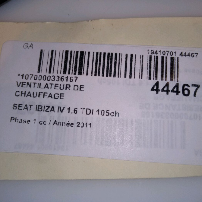 Ventilateur de chauffage occasion SEAT IBIZA IV Phase 1 05-2008->01-2012 1.6 TDI 105ch 6R1819015A 4