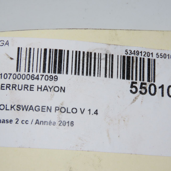 Serrure hayon occasion VOLKSWAGEN POLO V Phase 2 02-2014->... 1.4 TDI 75ch 6R0827505G9B9 6