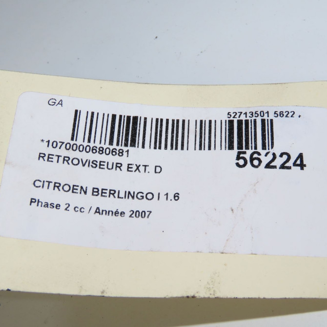 Retroviseur exterieur manuel droit occasion CITROEN BERLINGO I Phase 2 11-2002->10-2010 1.6 HDi 75ch 8153HR 6