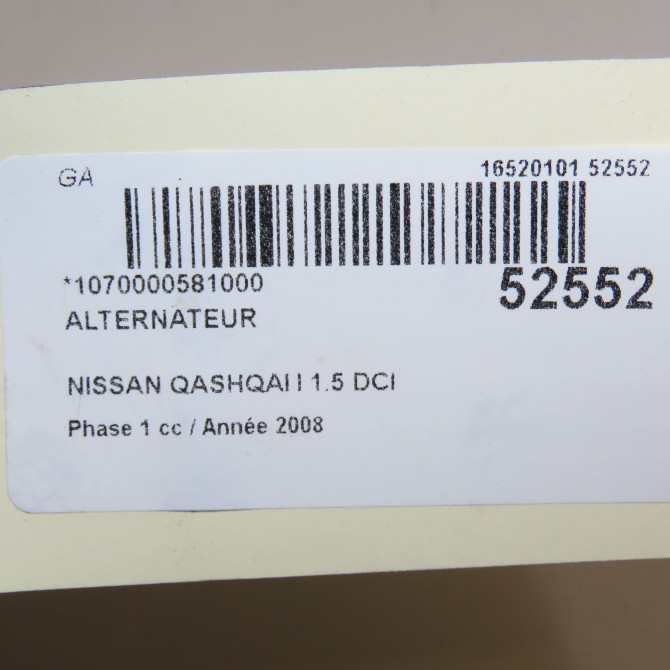 Alternateur occasion NISSAN QASHQAI I Phase 1 01-2007->09-2010 1.5 DCI 106ch 2310000Q2JEX 7