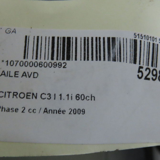 Aile avant droite occasion CITROEN C3 I Phase 2 10-2005->12-2010 1.1i 60ch 7841S3 7