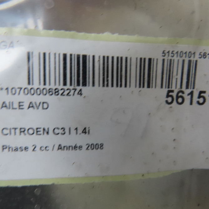 Aile avant droite occasion CITROEN C3 I Phase 2 10-2005->12-2010 1.4i 7841S3 5
