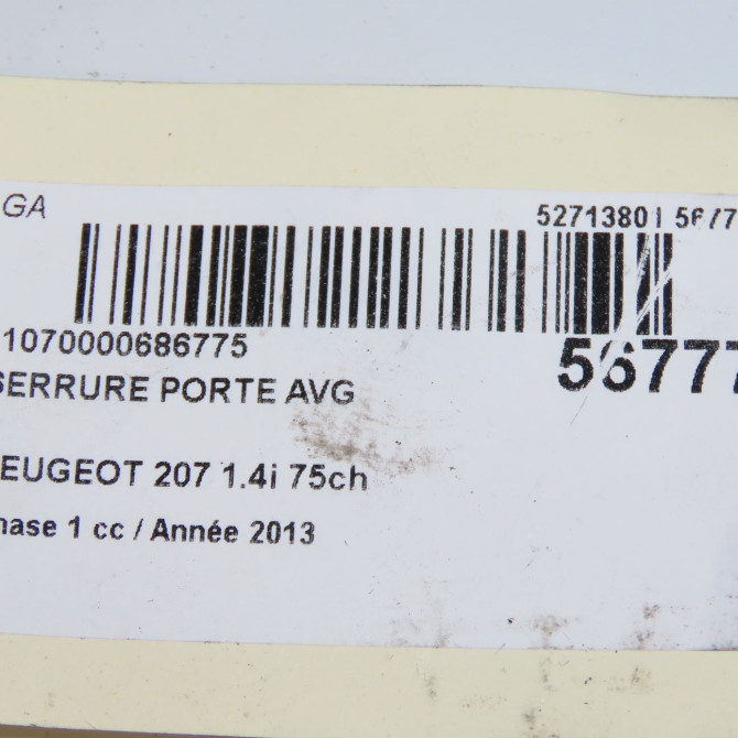 Serrure porte avg occasion PEUGEOT 207 Phase 1 04-2006->06-2013 1.4i 75ch 9135V9 8