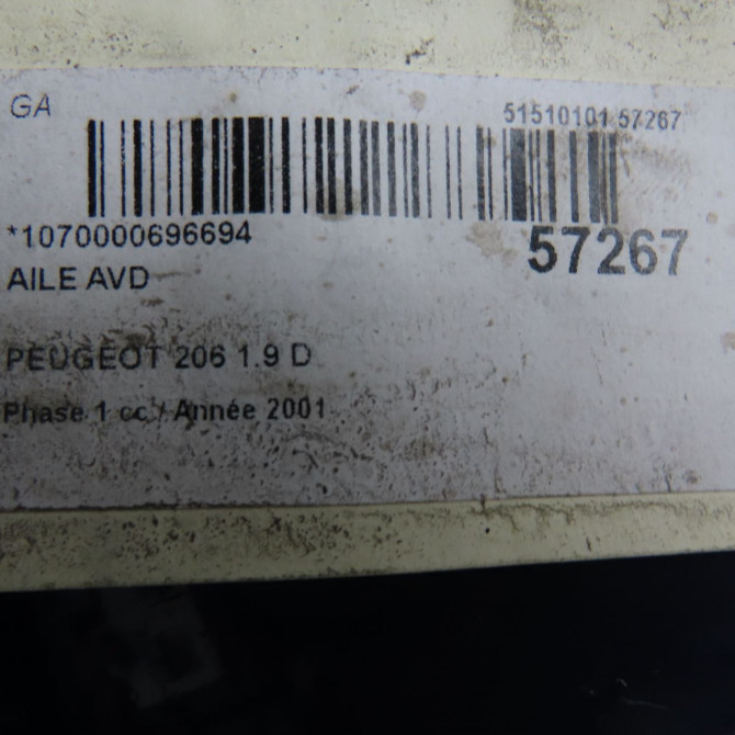 Aile avant droite occasion PEUGEOT 206 Phase 1 09-1998->03-2009 1.9 D 7841L0 6