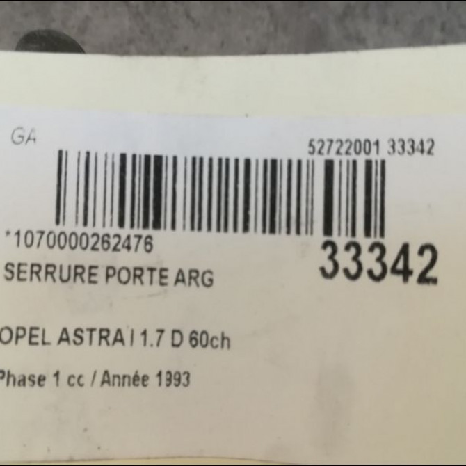 Serrure porte arg occasion OPEL ASTRA I Phase 1 10-1991->06-1994 1.7 D 60ch 90509654 3