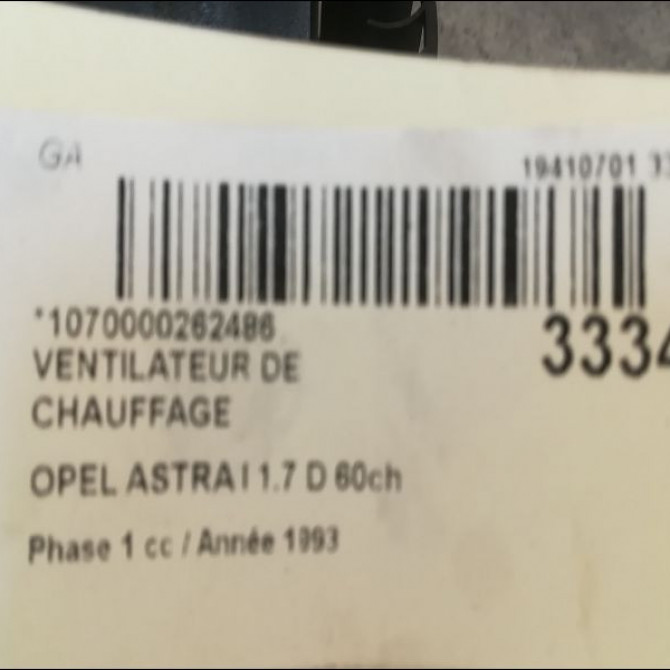 Ventilateur de chauffage occasion OPEL ASTRA I Phase 1 10-1991->06-1994 1.7 D 60ch 90451605 3