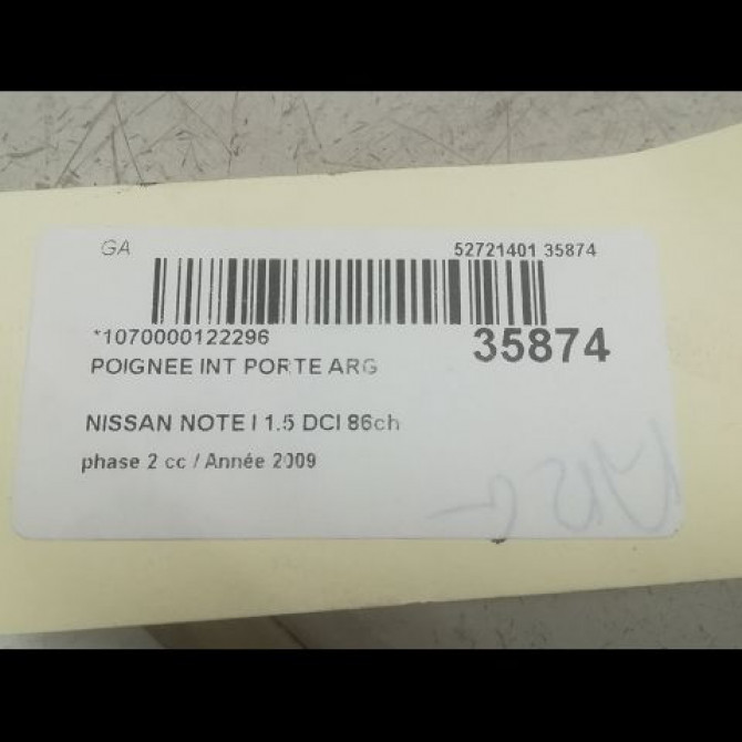 Poignee int porte arg occasion NISSAN NOTE I phase 2 03-2009->02-2014 1.5 DCI 86ch 80671AX603 3
