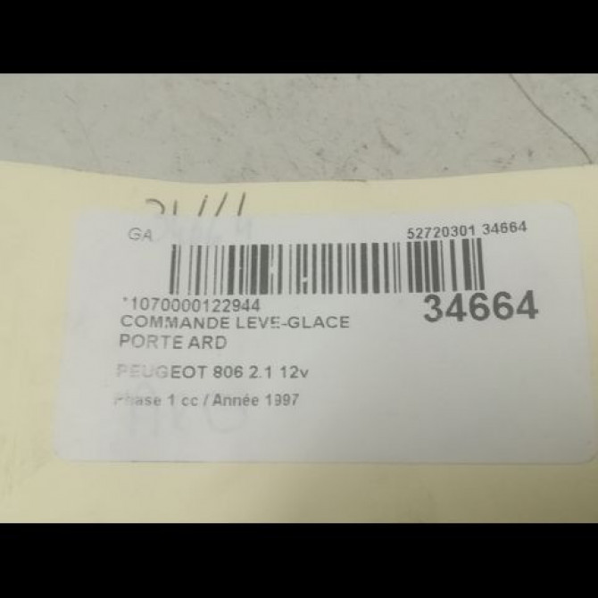 Commande leve-glace porte arrière droite occasion PEUGEOT 806 Phase 1 06-1994->12-2001 2.1 12v 3