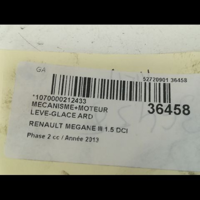 Mecanisme+moteur leve-glace ard occasion RENAULT MEGANE III Phase 2 01-2012->06-2014 1.5 DCI 110ch 3