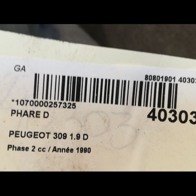 Phare droit occasion PEUGEOT 309 Phase 2 07-1989->12-1993 1.9 D 3