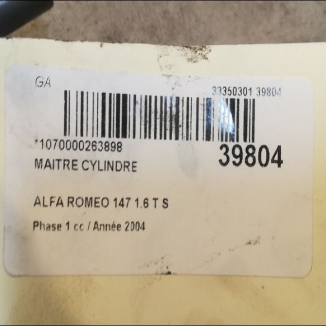 Maitre cylindre occasion ALFA ROMEO 147 Phase 1 09-2000->09-2004 1.6 T S 120ch 77364495 2