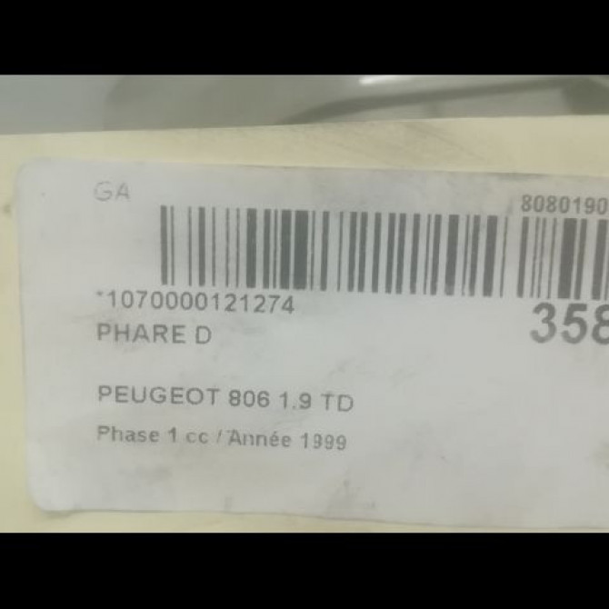 Phare droit occasion PEUGEOT 806 Phase 1 06-1994->12-2001 1.9 TD 6205G8 3