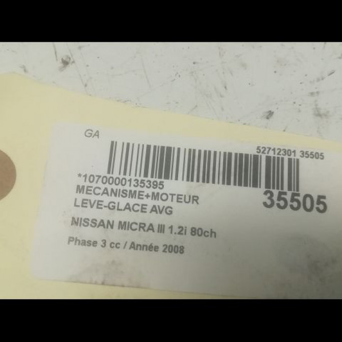 Mecanisme+moteur leve-glace avg occasion NISSAN MICRA III Phase 3 11-2007->11-2010 1.2i 80ch 80721AX10A 3