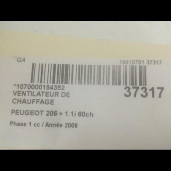 Ventilateur de chauffage occasion PEUGEOT 206 + Phase 1 03-2009->05-2013 1.1i 60ch 6441J8 2