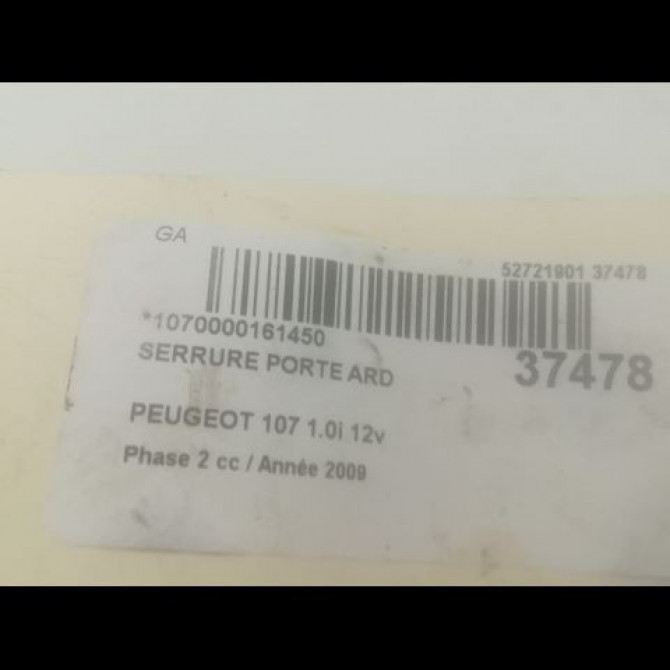 Serrure porte ard occasion PEUGEOT 107 Phase 2 01-2009->01-2012 1.0i 12v 9138G4 3