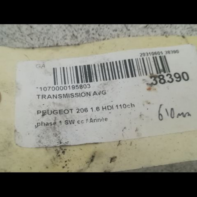 Transmission avant gauche occasion PEUGEOT 206 206 phase 1 SW 2002-06-01->2006-12-31 1.6 HDI 110ch 32722F 2