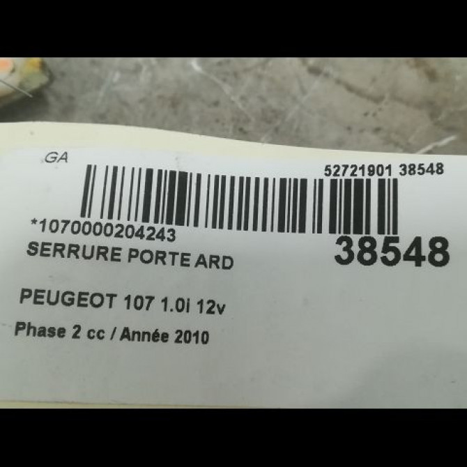 Serrure porte ard occasion PEUGEOT 107 Phase 2 01-2009->01-2012 1.0i 12v 9138G4 3