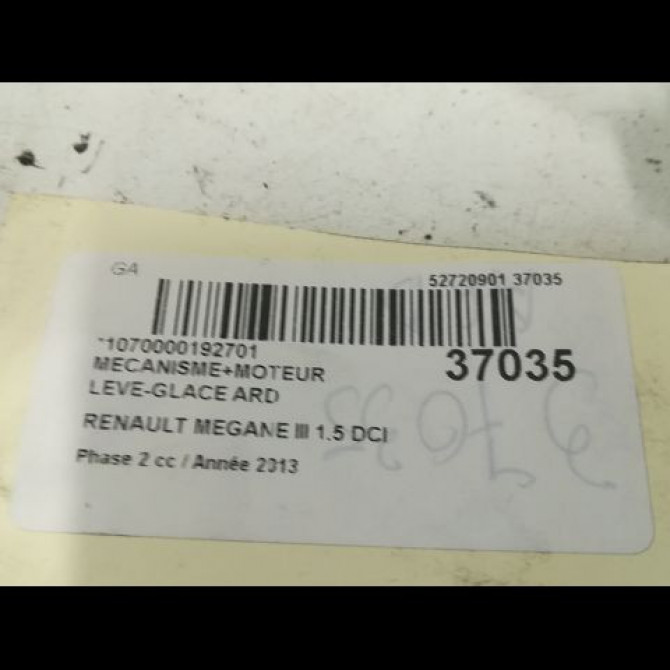 Mecanisme+moteur leve-glace ard occasion RENAULT MEGANE III Phase 2 01-2012->06-2014 1.5 DCI 90ch 827200003R 3